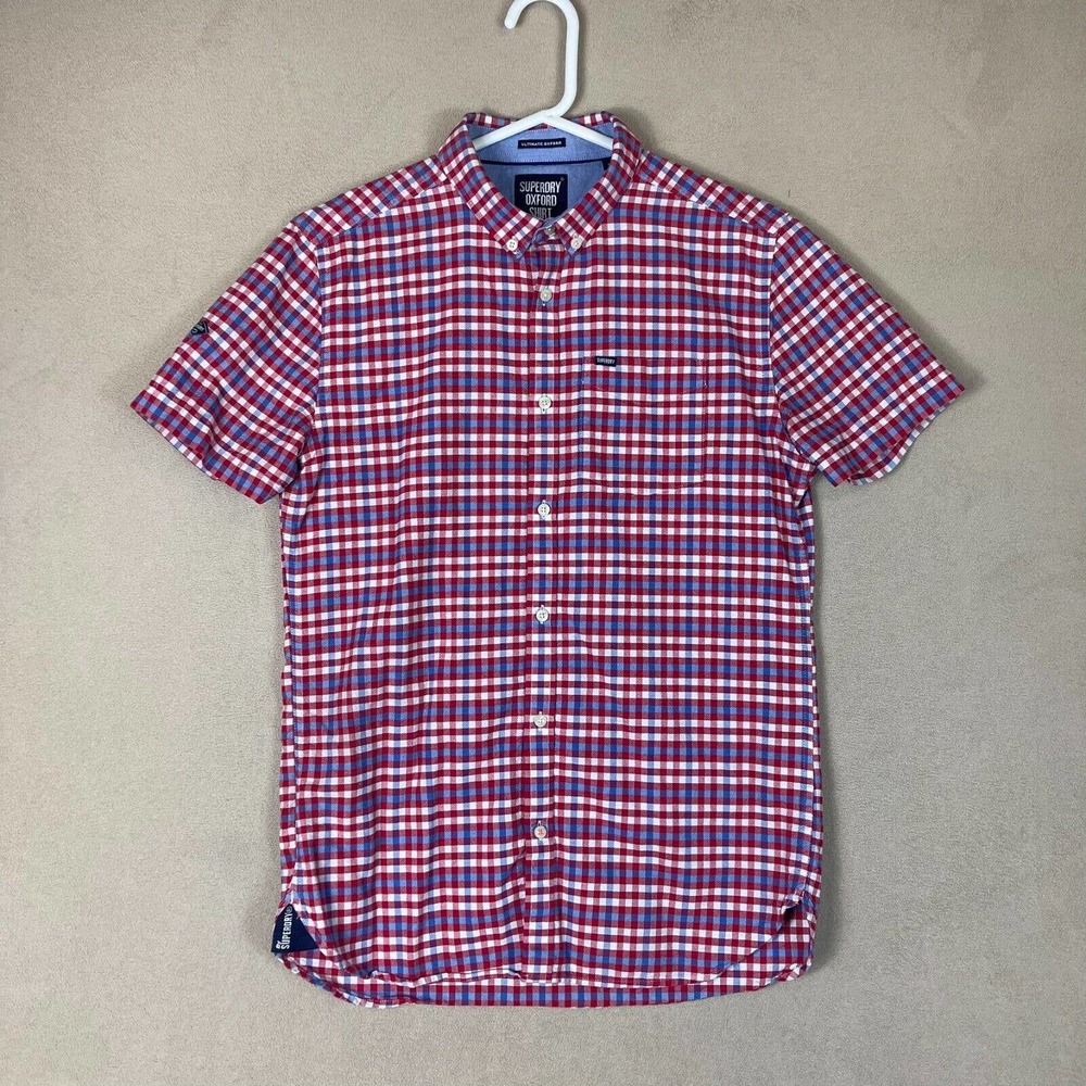 Superdry‎ Shirt Adult Medium Red/White Plaid Short Sleeve Oxford Pocket Mens